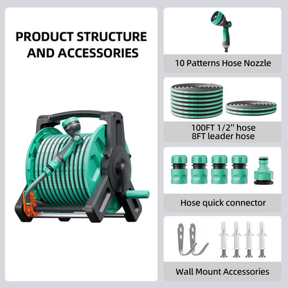 Garden Hose Reel with 100 ft of 1/2" Hose,Upgraded Portable Hose Reel Cart Tools with 10 Spray Patterns Nozzle, Wall Mounted Water Hose Reel with Built-In Hose Guide & Quick Connect, for Lawn Outside