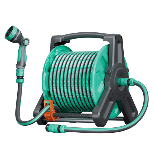 Garden Hose Reel with 100 ft of 1/2" Hose,Upgraded Portable Hose Reel Cart Tools with 10 Spray Patterns Nozzle, Wall Mounted Water Hose Reel with Built-In Hose Guide & Quick Connect, for Lawn Outside