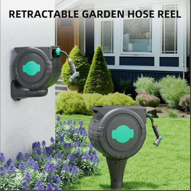 Retractable Garden Hose Reel, 1/2 inch x 100 ft Wall Mounted Hose Reel, Upgraded 360° Swivel Floor Plug, with Heavy Duty Hose Nozzle，Any Length Lock, Automatic Rewind Slow Recovery System