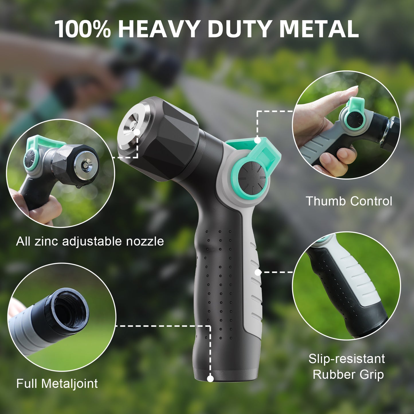 Garden Hose Nozzle Sprayer, 100% Heavy Duty Metal High Pressure Hose Nozzle with 4 Spray Patterns, Thumb Control On Off Valve for Lawn & Plant Watering, Car & Pet Washing