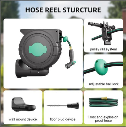 Retractable Garden Hose Reel, 1/2 inch x 100 ft Wall Mounted Hose Reel, Upgraded 360° Swivel Floor Plug, with Heavy Duty Hose Nozzle，Any Length Lock, Automatic Rewind Slow Recovery System