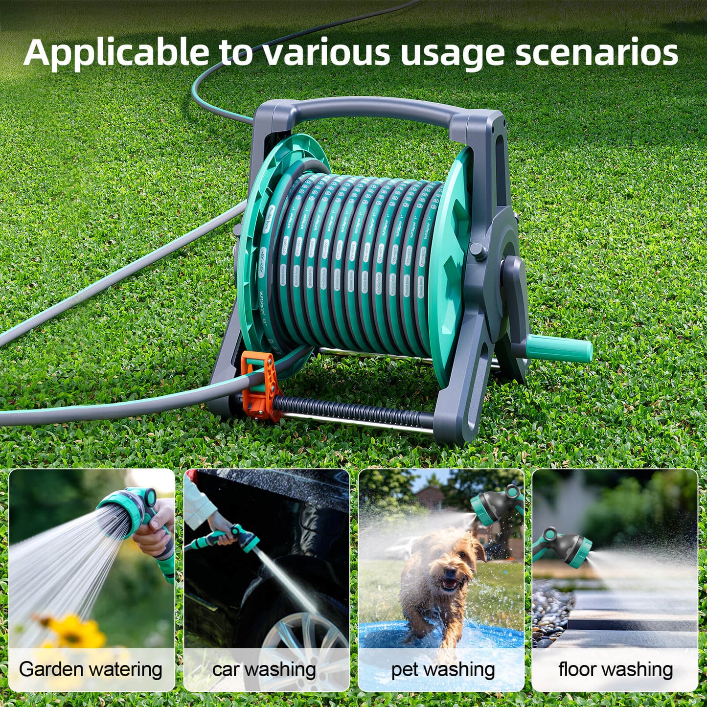 Garden Hose Reel with 100 ft of 1/2" Hose,Upgraded Portable Hose Reel Cart Tools with 10 Spray Patterns Nozzle, Wall Mounted Water Hose Reel with Built-In Hose Guide & Quick Connect, for Lawn Outside