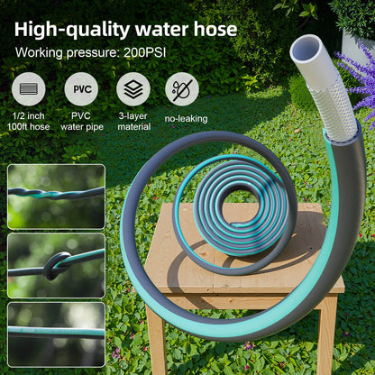 Garden Hose Reel with 100 ft of 1/2" Hose,Upgraded Portable Hose Reel Cart Tools with 10 Spray Patterns Nozzle, Wall Mounted Water Hose Reel with Built-In Hose Guide & Quick Connect, for Lawn Outside